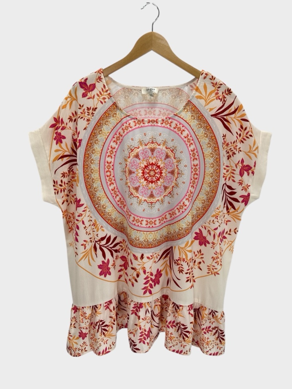 Umgee Medallion Mandala Floral Tunic Top Oversized Ruffle Hem Boho Artisan M